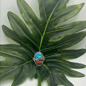 Sterlin ring by Effie Calavaza Zuni with turquoise and coral